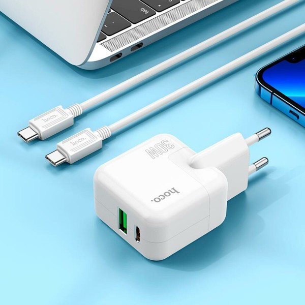 Мережевий зарядний пристрій HOCO C111A Lucky dual-port PD30W+QC3.0 charger set(Type-C to Type-C) White (6931474790880)