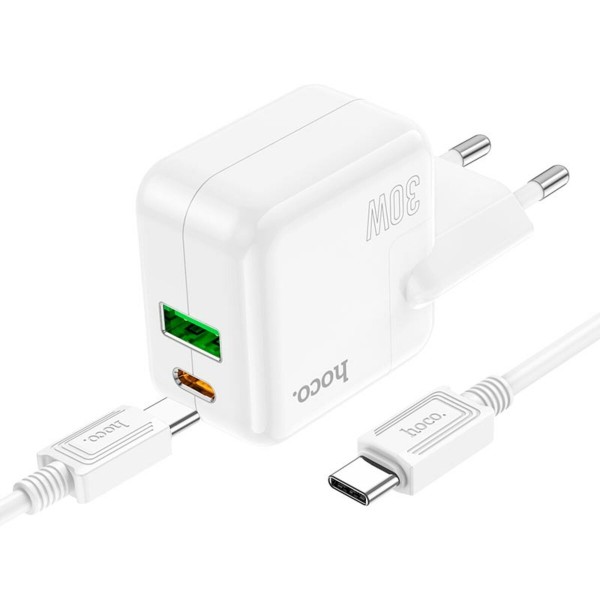 Мережевий зарядний пристрій HOCO C111A Lucky dual-port PD30W+QC3.0 charger set(Type-C to Type-C) White (6931474790880)