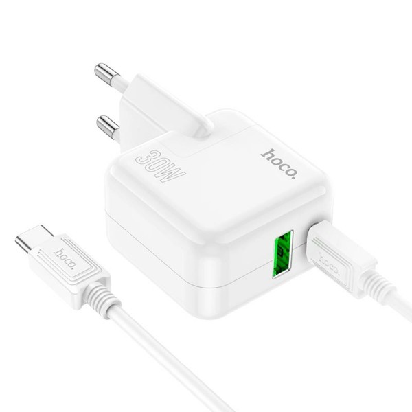 Мережевий зарядний пристрій HOCO C111A Lucky dual-port PD30W+QC3.0 charger set(Type-C to Type-C) White (6931474790880)
