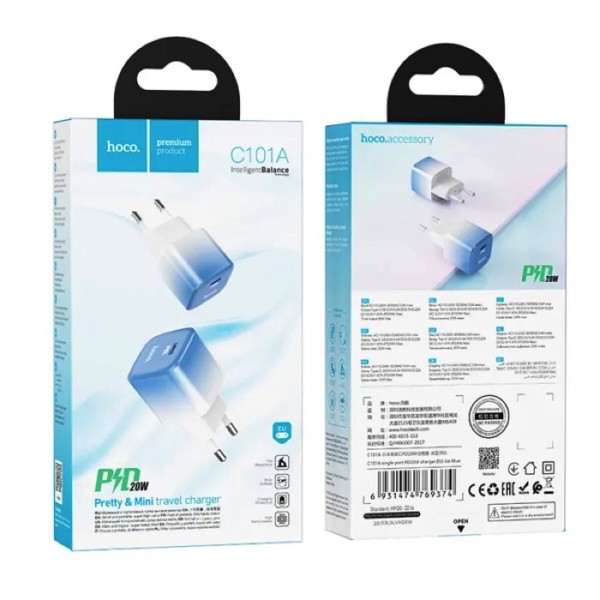 Мережевий зарядний пристрій HOCO C101A single port PD20W charger Ice Blue (6931474769374)