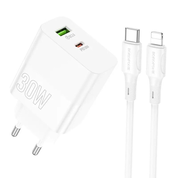 Мережевий зарядний пристрій BOROFONE BA75A Powerful dual port PD30W+QC3.0 charger set(C to iP) White (BA75ACLW)