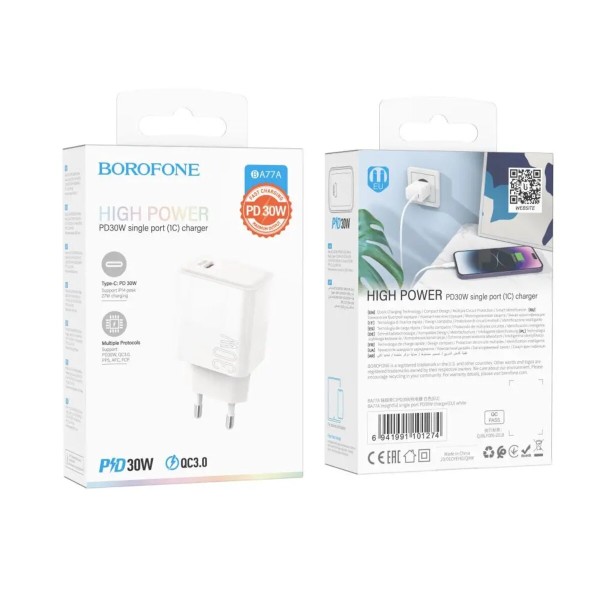 Мережевий зарядний пристрій BOROFONE BA77A Insightful single port PD30W charger White (BA77AW)