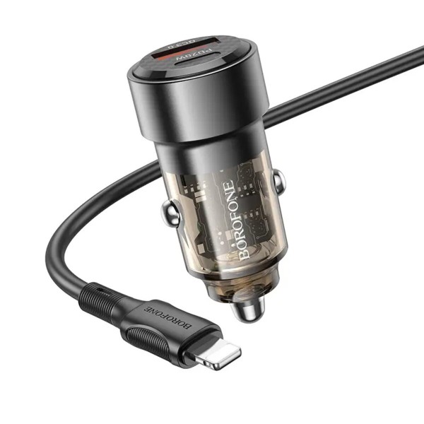Автомобільний зарядний пристрій BOROFONE BZ20 Smart 38W dual port PD20W+QC3.0 car charger set(C to iP) Transparent Black (BZ20CLTB)