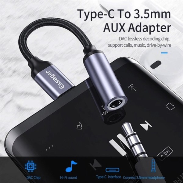 Кабель-перехiдник Essager E01 Type c to 3.5mm Jack Headphone Adapter  grey (EZJE01-0G) (EZJE01-0G)