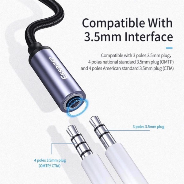Кабель-перехiдник Essager E01 Type c to 3.5mm Jack Headphone Adapter  grey (EZJE01-0G) (EZJE01-0G)