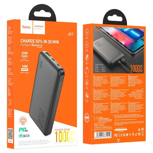 Зовнішній акумулятор HOCO J87 Tacker PD20W+QC3.0 power bank(10000mAh) Black (6931474761019)