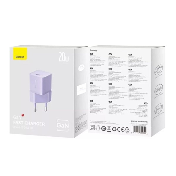Мережевий зарядний пристрій Baseus GaN5 Fast Charger(mini) 1C 20W EU Purple (CCGN050105)