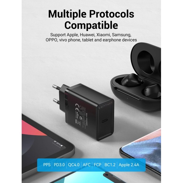 Мережевий зарядний пристрій Vention 1-port USB-C Wall Charger(20W) EU-Plug Black (FADB0-EU) (FADB0-EU)