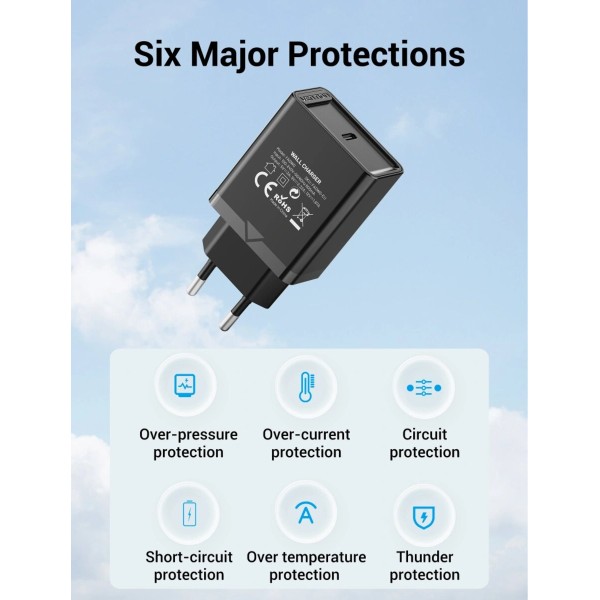 Мережевий зарядний пристрій Vention 1-port USB-C Wall Charger(20W) EU-Plug Black (FADB0-EU) (FADB0-EU)