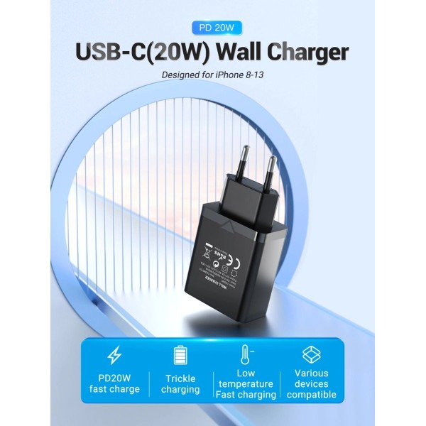 Мережевий зарядний пристрій Vention 1-port USB-C Wall Charger(20W) EU-Plug Black (FADB0-EU) (FADB0-EU)