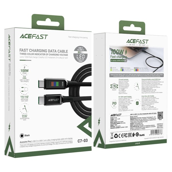 Кабель ACEFAST C7-03 Type-C to Type-C 5A, 100W, 1.2m, nylon, zinc connectors, LED, Black (6974316282778)