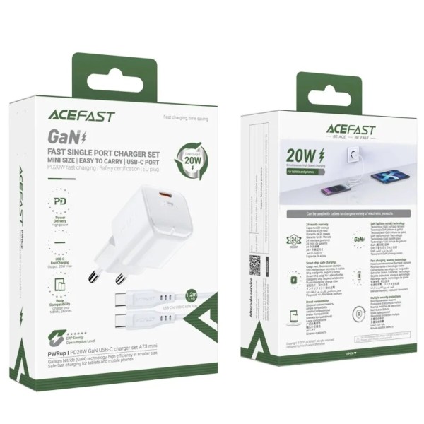 Мережевий зарядний пристрій ACEFAST A73 mini PD20W GaN single USB-C charger set (C3-03) White (6974316282655)