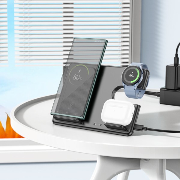 Бездротовий зарядний пристрій HOCO CQ2 Flash folding 3-in-1 wireless fast charger(SAM Watch) Black (6942007602327)
