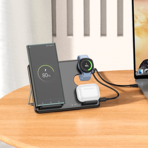 Бездротовий зарядний пристрій HOCO CQ2 Flash folding 3-in-1 wireless fast charger(SAM Watch) Black (6942007602327)
