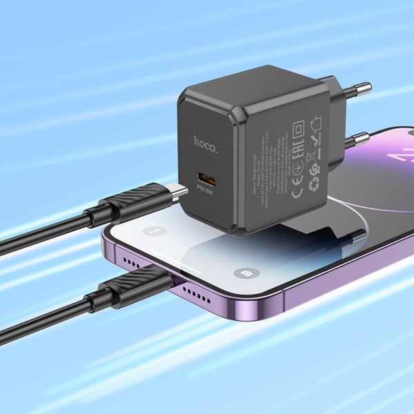 Мережевий зарядний пристрій HOCO CS13A Ocean single port PD20W charger set(C to iP) Black (6942007603829)