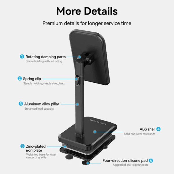 Тримач для телефона Height Adjustable Desktop Cell Phone Stand Black Aluminum Alloy Type (KCQB0) (KCQB0)