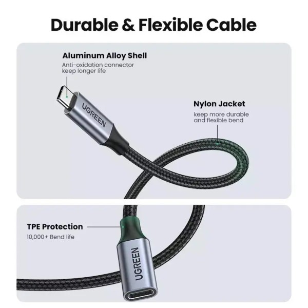 Кабель-подовжувач UGREEN US372 USB-C Male to USB-C Female Gen2 Alu Case Braided Extension Cable 1m (Space Gray)(UGR-30205) (UGR-30205)