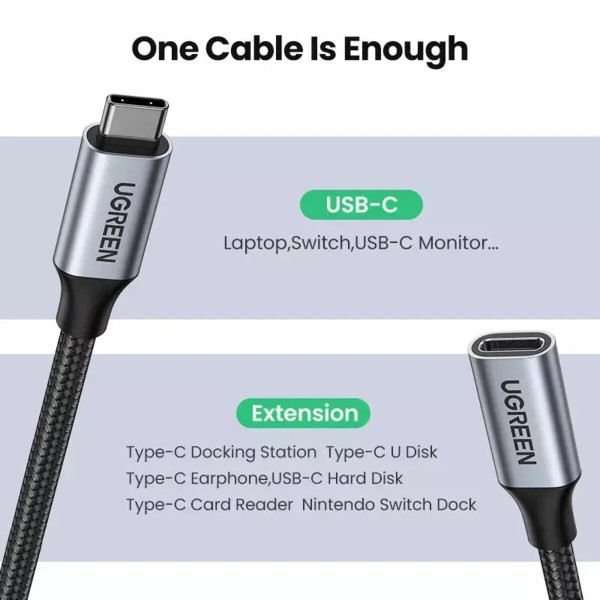 Кабель-подовжувач UGREEN US372 USB-C Male to USB-C Female Gen2 Alu Case Braided Extension Cable 1m (Space Gray)(UGR-30205) (UGR-30205)