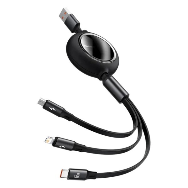 Кабель Baseus Bright Mirror 2 Series Retractable 3-in-1 Fast Charging  Data Cable USB to M+L+C 66W 1.1m Black (CAMJ010101)