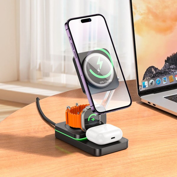 Бездротовий зарядний пристрій HOCO CQ10 Consuelo folding 3-in-1 wireless fast charger Black (6942007618359)