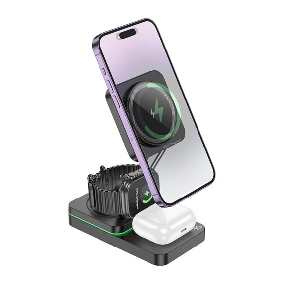 Бездротовий зарядний пристрій HOCO CQ10 Consuelo folding 3-in-1 wireless fast charger Black (6942007618359)
