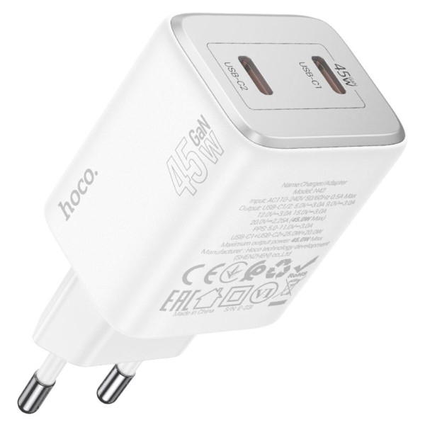 Мережевий зарядний пристрій HOCO N42 Elogiado dual-port PD45W(2C) charger set(C to iP) White (6942007617116)