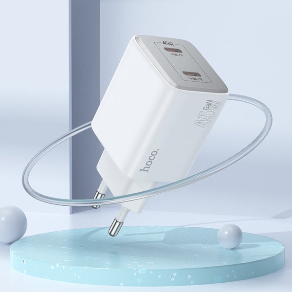 Мережевий зарядний пристрій HOCO N42 Elogiado dual-port PD45W(2C) charger set(C to iP) White (6942007617116)