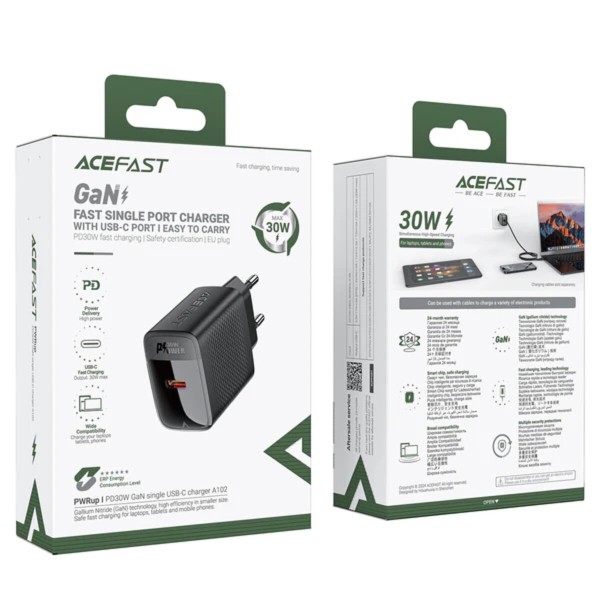 Мережевий зарядний пристрій ACEFAST A98 PD30W GaN (USB-C+USB-A) charger Black (6974316283263)