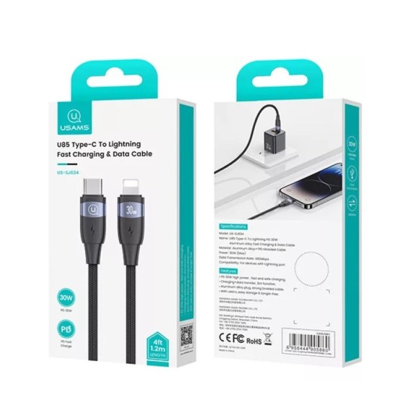 Кабель Usams US-SJ634 U85 Type-C To Lightning PD 30W Aluminum Alloy Fast Charging & Data Cable 1.2m black (SJ634USB01)