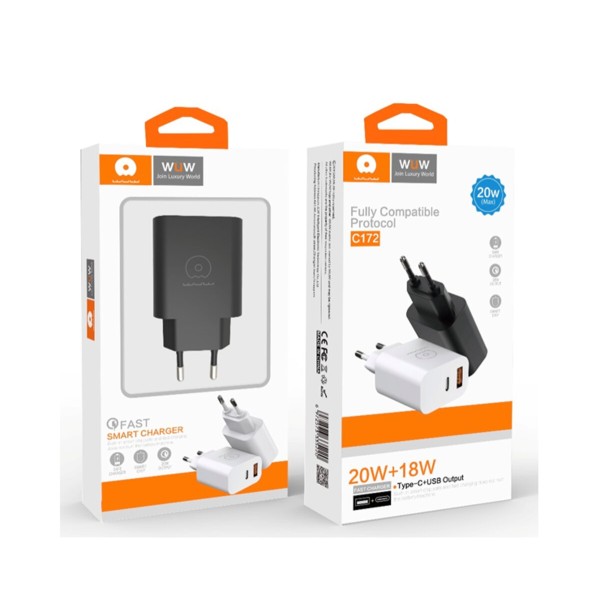 Мережевий зарядний пристрій WUW-C172 20W PD USB-C + USB QC3.0 18W black (6972573335381)