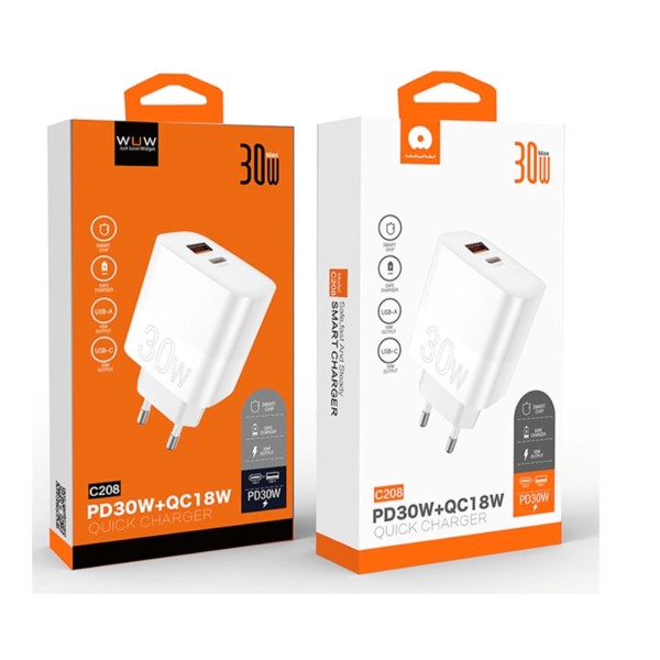 Мережевий зарядний пристрій WUW-C208 30W PD USB-C + USB QC3.0 18W white (6972573333417)