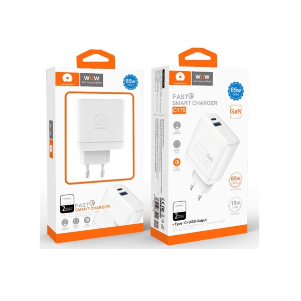 Мережевий зарядний пристрій WUW-C175 65W GaN USB A+USB C white (6972573335220)