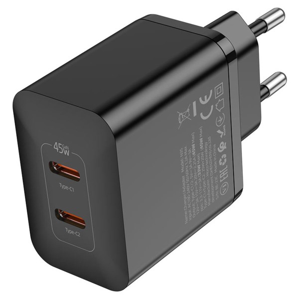 Мережевий зарядний пристрій HOCO N35 Streamer dual-port PD45W GaN (2C) charger(EU) Black (6931474797193)
