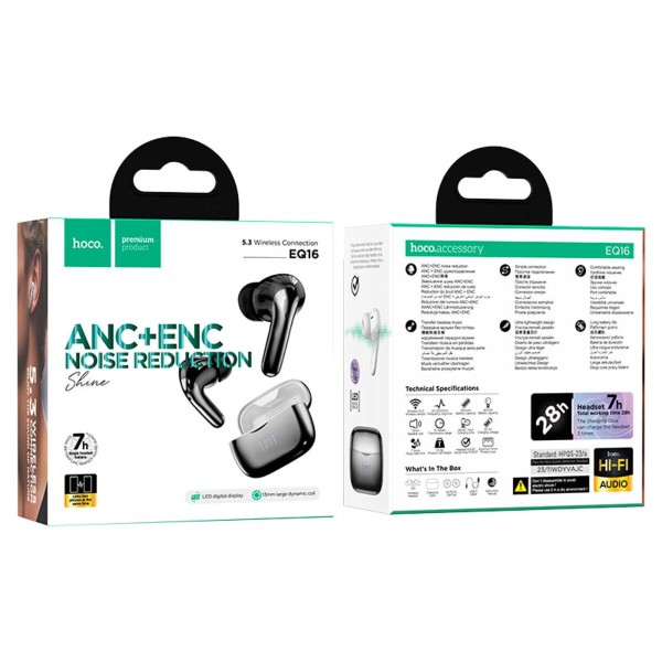 Бездротові навушники HOCO EQ16 Shine true wireless ANC+ENC Noise Reduction BT headset Black glaze (6942007619103)