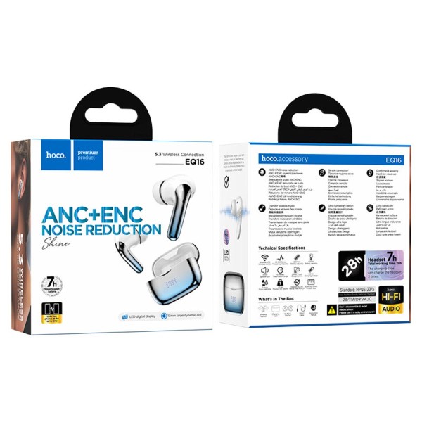 Бездротові навушники HOCO EQ16 Shine true wireless ANC+ENC Noise Reduction BT headset Blue glaze (6942007619127)