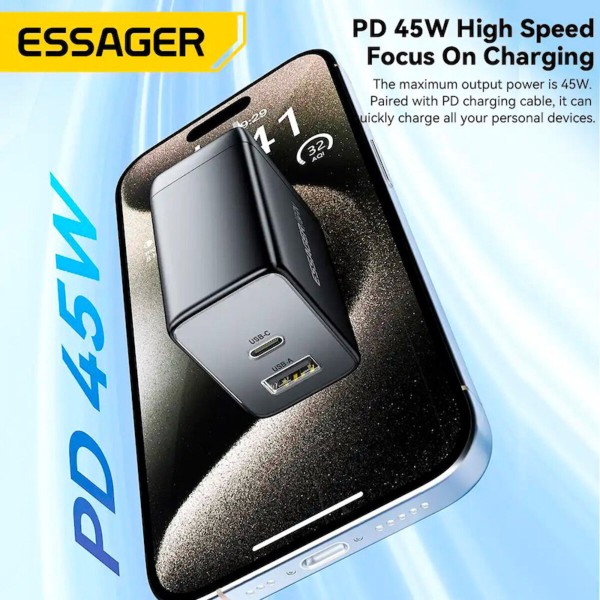 Мережевий зарядний пристрій ESSAGER ECT45W Gan 1USB 1T-C 45W white (ECT45W-LJB02-Z)