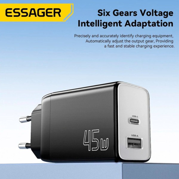 Мережевий зарядний пристрій ESSAGER ECT45W Gan 1USB 1T-C 45W white (ECT45W-LJB02-Z)