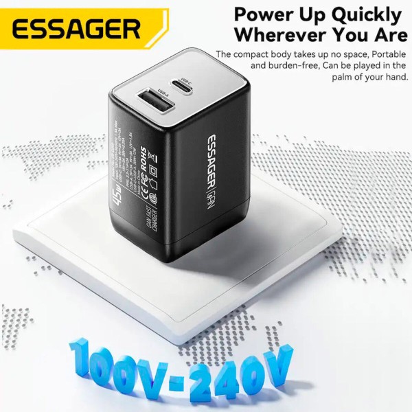 Мережевий зарядний пристрій ESSAGER ECT45W Gan 1USB 1T-C 45W black (ECT45W-LJB01-Z)