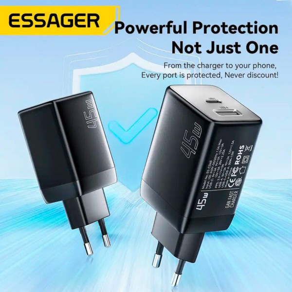 Мережевий зарядний пристрій ESSAGER ECT45W Gan 1USB 1T-C 45W black (ECT45W-LJB01-Z)