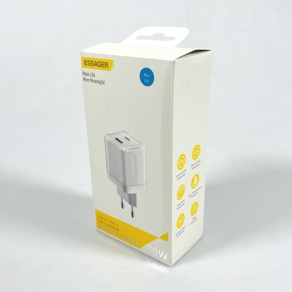 Мережевий зарядний пристрій ESSAGER EZCT70 Gan 1USB 1T-C 70W white (EZCT70-YQB02-Z)