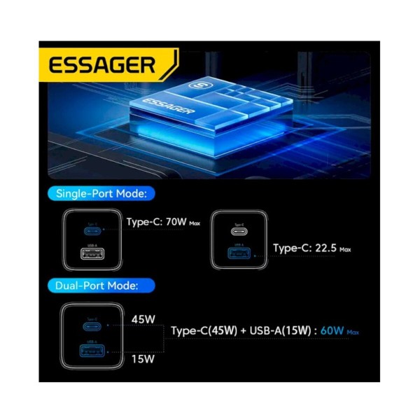 Мережевий зарядний пристрій ESSAGER EZCT70 Gan 1USB 1T-C 70W white (EZCT70-YQB02-Z)
