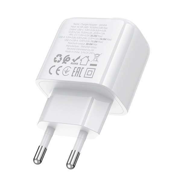Мережевий зарядний пристрій BOROFONE BAS45A Potential PD30W+QC3.0 charger(EU) White (6941991113871)