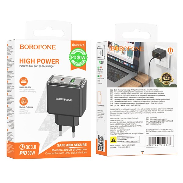 Мережевий зарядний пристрій BOROFONE BAS32A Treasure PD30W+QC3.0 charger(EU) Black (6941991110641)