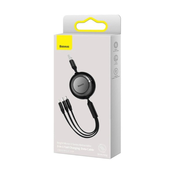 Кабель Baseus Bright Mirror 2 Series Retractable 3-in-1 Fast Charging  Data Cable USB to M+L+C 3.5A 1.1m Black (CAMJ010001)