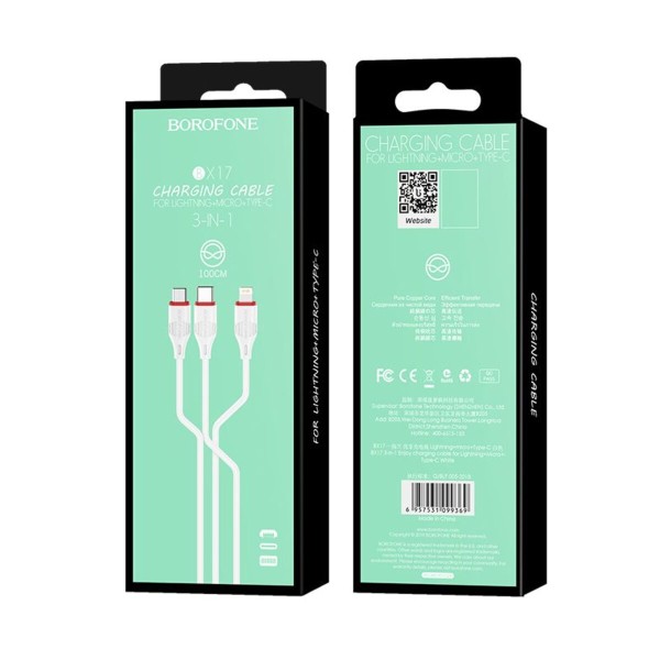 Кабель BOROFONE BX17 3-in-1 Enjoy charging cable for iP+Micro+Type-C White (6957531099369)