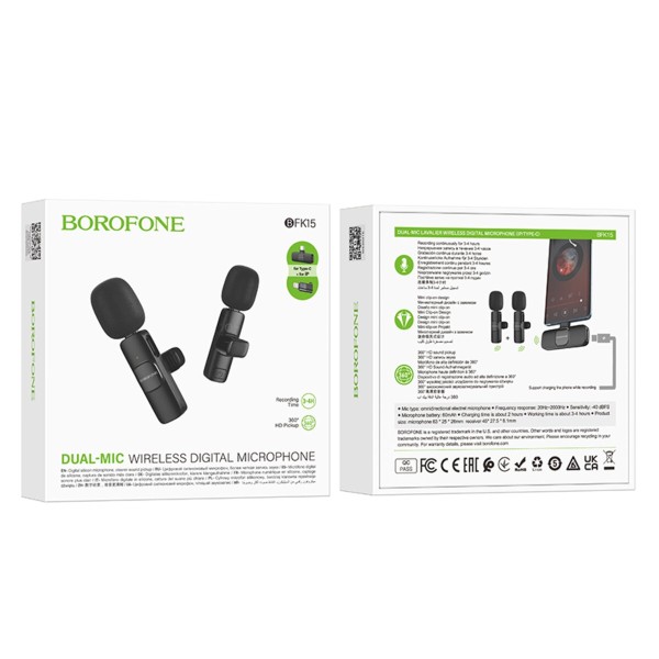 Бездротова мікрофонна система BOROFONE BFK15 Dual-mic lavalier wireless digital microphone (iP/Type-C) Black (6941991117107)