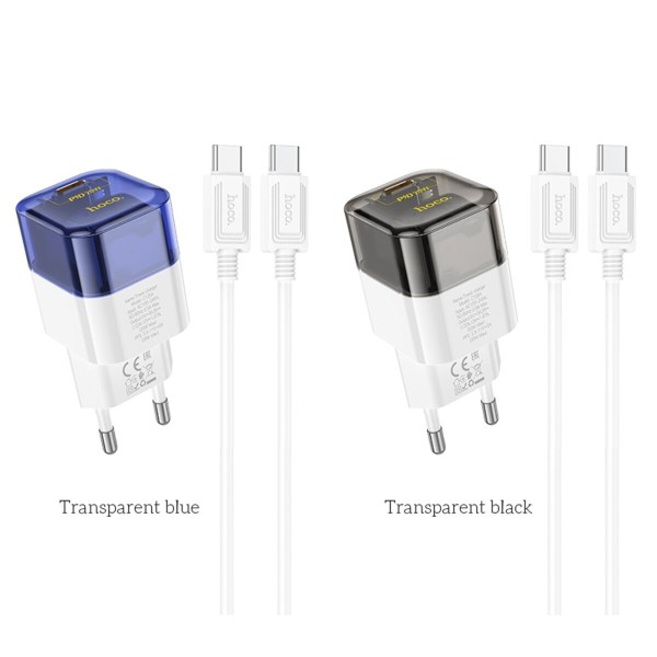 Мережевий зарядний пристрій HOCO C125A Transparent tribute single-port PD20W charger set(Type-C to Type-C) Transparent Blue (6931474798381)