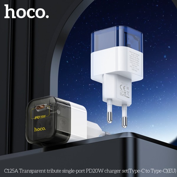 Мережевий зарядний пристрій HOCO C125A Transparent tribute single-port PD20W charger set(Type-C to Type-C) Transparent Blue (6931474798381)