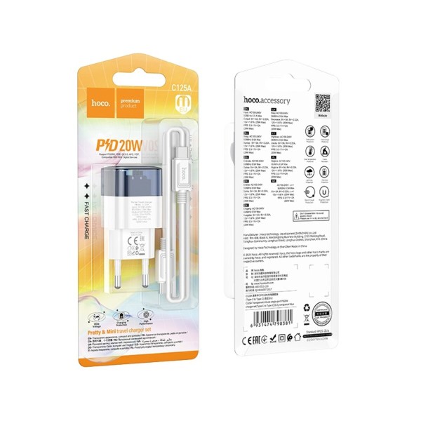 Мережевий зарядний пристрій HOCO C125A Transparent tribute single-port PD20W charger set(Type-C to Type-C) Transparent Blue (6931474798381)