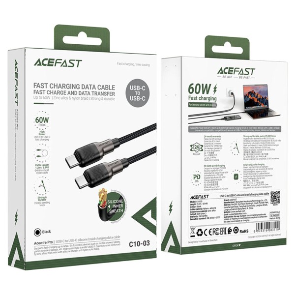 Кабель ACEFAST C10-03 Type-C to Type-C 3A, 60W, 1.2m, silicone, zinc connectors, Black (6974316283119)